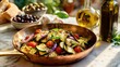 © Emily - Golden charred vegetable medley in copper cookware, basil garnish and olive oil drizzle for culinary content creation, eco-friendly hospitality promotion