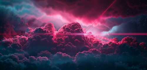 Wall Mural - Neon glowing red light from laser sky with dark clouds. 3d rendering, abstract futuristic background with neon glow and thundercloud on night sky. Red and blue shades