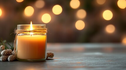 Canvas Print - lit candle in glass jar with pine cones on table, bokeh background.
