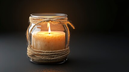 Canvas Print - lit candle in glass jar tied with rope, dark background.