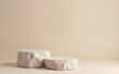© shu - Stone podiums on a neutral beige gray studio background with two rock forms for showcasing cosmetic products creating an abstract minimalist scene with a trendy vibe and copy space image