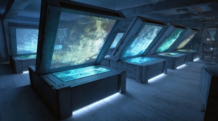 Wall Mural - crystal growth rates and environmental conditions are displayed on multiple screens in a high tech c