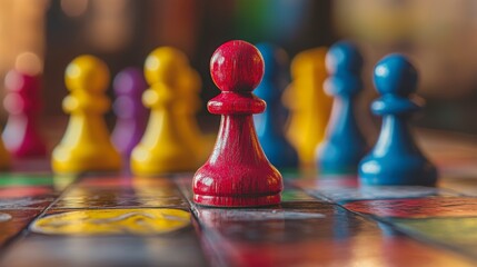 Wall Mural - close-up of a red pawn standing out among other colorful pawns on a game board.