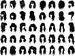 © ONYXprj - Woman different hairstyles monochrome black vector set. Updos hairdos long hair, curls female buns ponytails, fashion girl silhouettes haircuts isolated illustrations on backdrop
