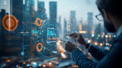 A person in a suit interacting with futuristic data interface with city backdrop. The interface shows digital circles, data lines, and graphs