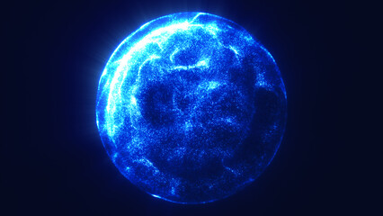 Wall Mural - electric blue glowing sphere formed by dense particles on dark background, symbolizing digital energ