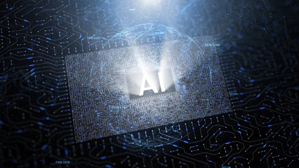Wall Mural - futuristic artificial intelligence ai motherboard with sphere and glowing light background illustrat