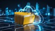 © Design Stock - Digital cloud storage concept with glowing blue cloud icon protecting a stack of yellow file folders on a futuristic circuit board