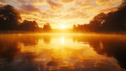 Wall Mural - A serene sunrise illuminates a calm river surrounded by silhouetted trees and mist, creating a warm and peaceful natural scene.