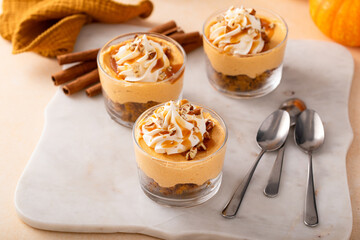 Wall Mural - Pumpkin cheesecake in a glass, fall dessert idea, no bake Thanksgiving dessert