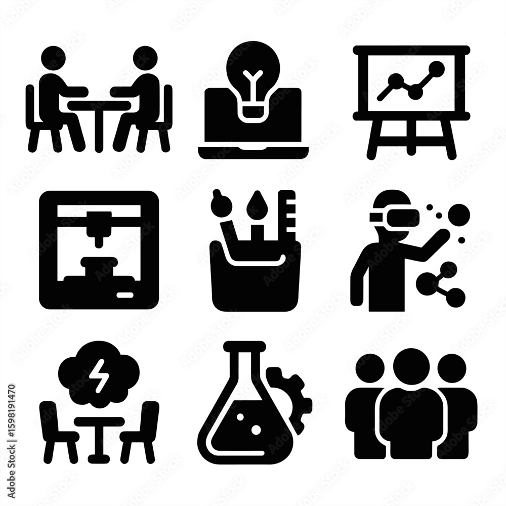 Innovation Lab Icons. Solid style icons of innovation labs and hubs ...