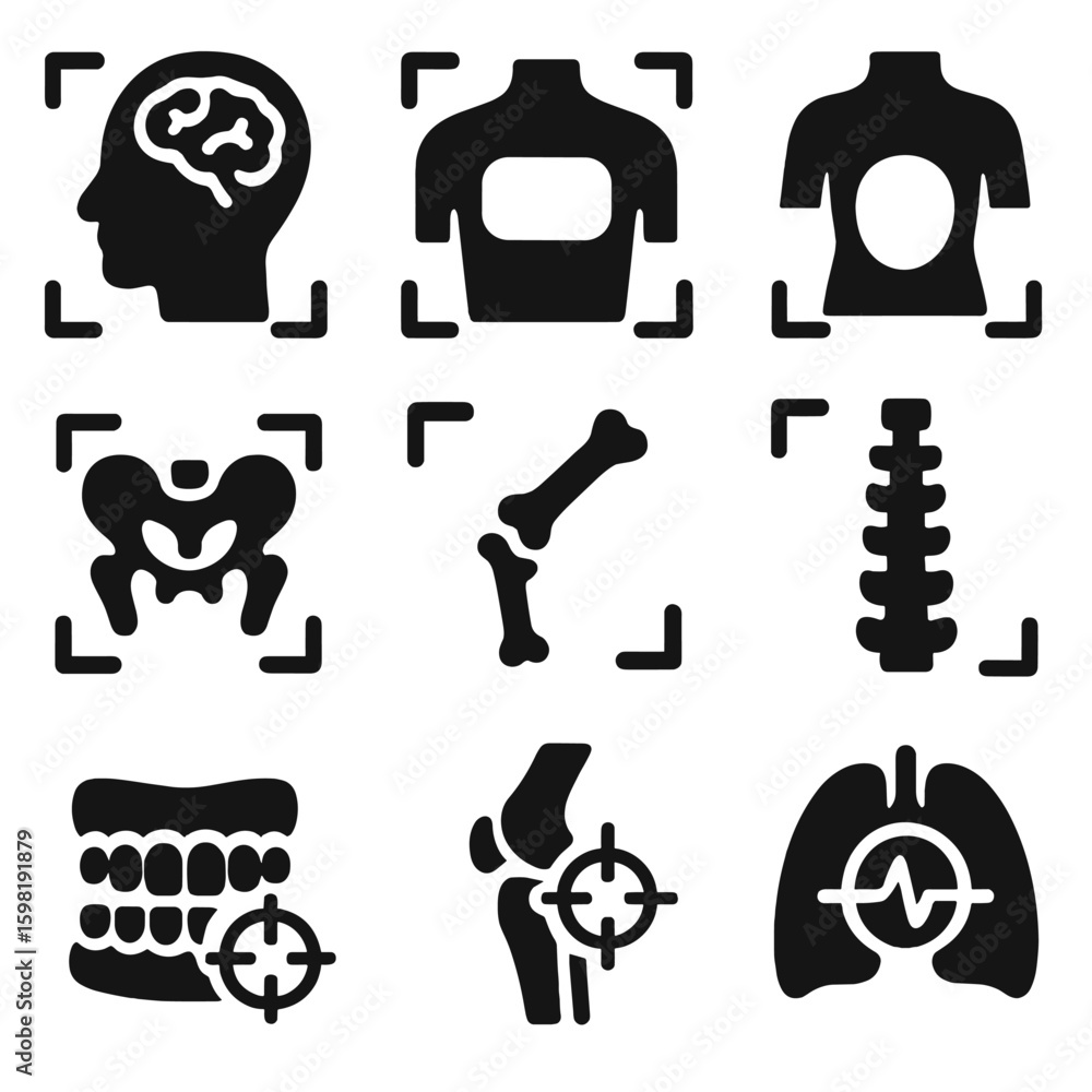 Body Scan Icons. Solid style icons of body zones for scanning: head and ...