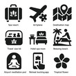 © Galina - Travel and Wellness Icons. Solid style icons of travel and spa tourism: spa resort suitcase, airplane with flower, destination map
