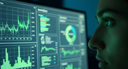 focused analyst reviewing complex data visualizations on a high tech display