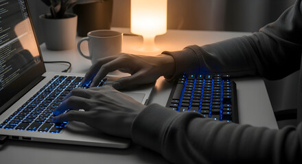Focused Coding: A Person Types on a Laptop with Illuminated Keyboard At Night