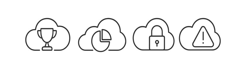 Wall Mural - Cloud computing outline icon set. trophy, pie chart, padlock, alert icons
