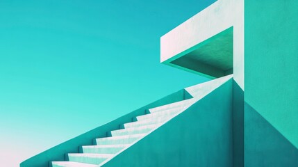Wall Mural - minimalist teal concrete staircase ascending against a vibrant blue sky.