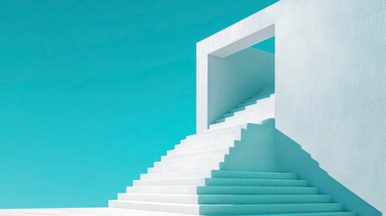 Wall Mural - minimalist white stairs leading to a doorway against a teal wall.