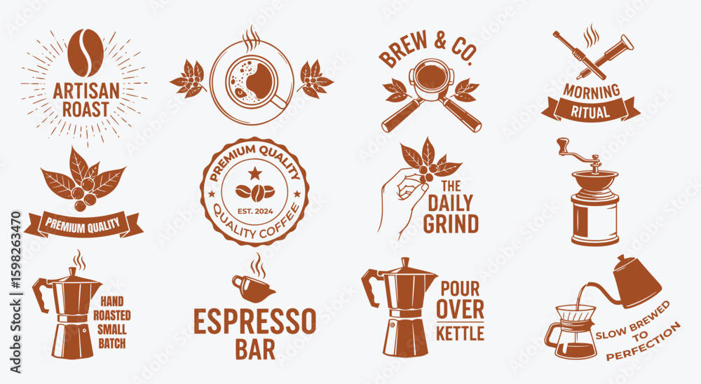 Roastery Vector Set of coffee shop vector logos. Vintage retro style graphics with ...