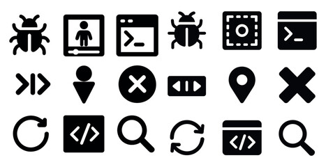 Software development solid icons set – debugging, coding, programming symbols