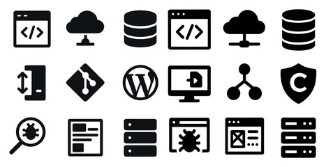 Web development solid icons set – filled design, coding, and tech symbols