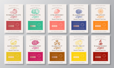 Wall Mural - Family Recipe Fruit, Berries and Nuts Liquor Acohol Labels Collection. Abstract Vector Packaging Design Layouts Set. Modern Typography Banners with Hand Drawn Logo and Background.
