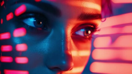 Wall Mural - this footage showcases the beauty of expressive eyes highlighted by colorful light patterns. ideal f