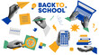 © Ольга Логвиненко - Back to school halftone collage elements set. Trendy collage with halftone hand holding calculator, laptop, books stack and school supplies. Png illustration