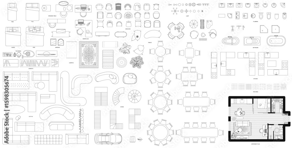Furniture in top view. Vector illustration of isolated interior objects on white background.