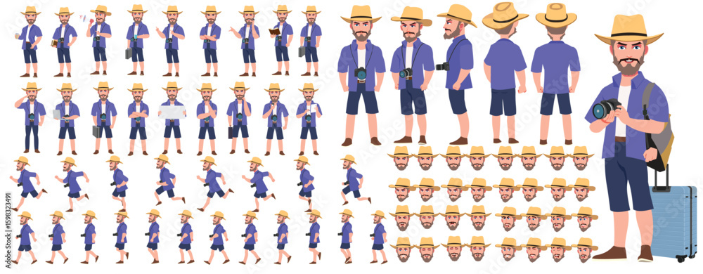Stock-Vektorgrafik „Traveler character model sheet, Character poses ...