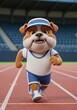 © Raphael - Bulldog athlete running track: A cheerful bulldog mascot bounds down a track, embodying energy and athleticism in a vibrant stadium setting, capturing the thrill of sportsmanship.