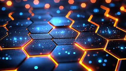 Wall Mural - Futuristic Glowing Hexagon Grid Background with Dynamic Lighting and Particle Effects