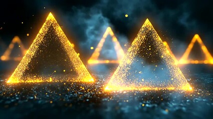 Wall Mural - Futuristic glowing orange triangles on a dark, smoky background create a captivating visual display