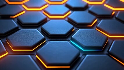 Wall Mural - Futuristic Hexagon Grid with Glowing Blue and Orange Edges - Abstract Tech Visual