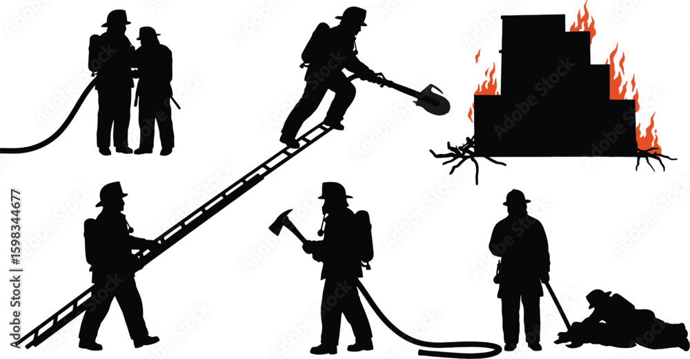Vector art of silhouettes of firefighters in various rescue and ...
