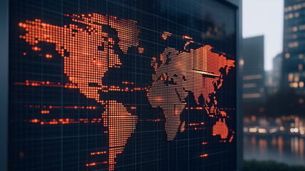 Wall Mural - global data display: a detailed global map projected on a screen within a high-rise building, symbol