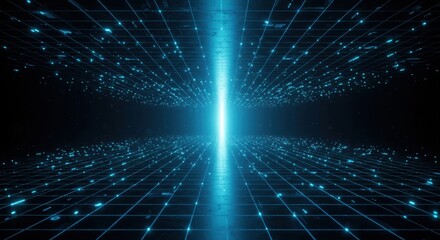 vast digital grid illuminates with brilliant blue light extending into infinite futuristic cyber spa