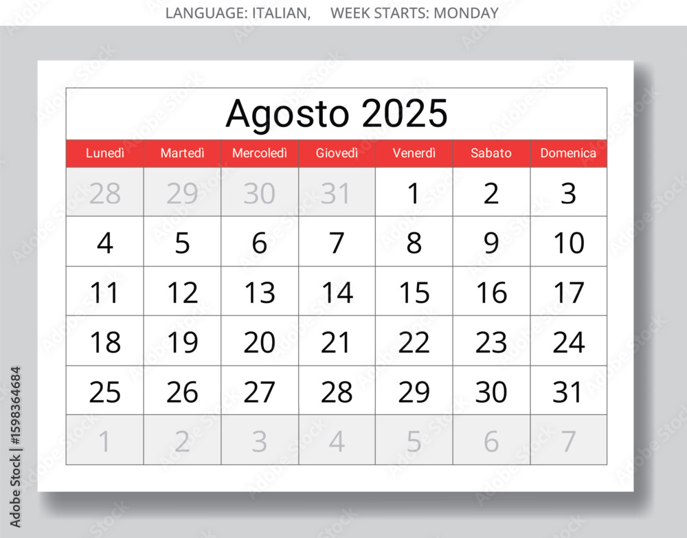 Italian calendar for august 2025 - calendario agosto. Vector ...