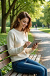 © f_bossa - A young woman with long brown hair smiles while using a tablet and sitting on a park bench.