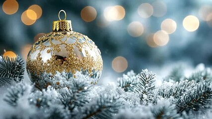 Wall Mural - Elegant gold Christmas ornament on frosted pine needles with blurred background lights