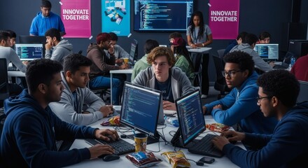 Diverse Group of Young Programmers Collaborating on Coding Projects in a Modern Tech Hub