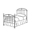 © A to Z Black & White - Ornate Metal Bed: A charming line art illustration of a single bed with an elegant metal frame, detailed headboard, and simple bedding.