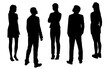 © Galina - Vector silhouettes of two men and three women, a group of standing business people, looking up, back view, profile, black color isolated on white background