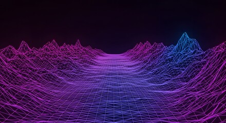 Wall Mural - abstract wireframe landscape with glowing neon colors, showing mountains and a grid surface in persp