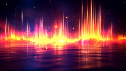 Wall Mural - Energetic Waves of Light Abstract Background with Sparkling Particles and Water Reflection