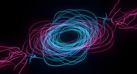 Wall Mural - abstract glowing swirl of intertwining cyan and pink light strands in a dark void, a dance of lumino