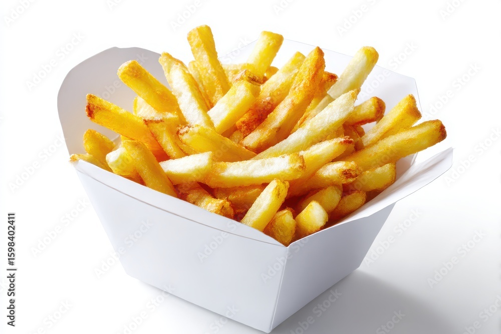 Crispy golden french fries in a white paper container isolated on white ...