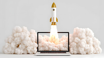 Digital Ascent: A rocket launches skyward from a laptop screen amid fluffy clouds, symbolizing progress and technological advancement.