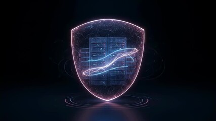 Wall Mural - neon shield protecting server room with data flow. cybersecurity, network defense, and digital infor