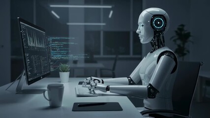Cyborg woman typing on keyboard at desk with futuristic interface and code. Artificial intelligence programming concept video.